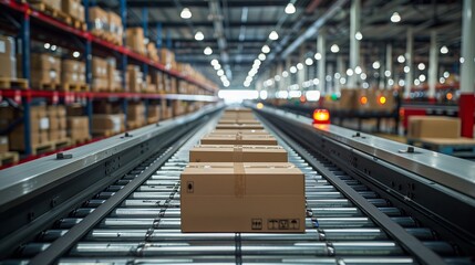 Cardboard Boxes Moving on Conveyor Belt in a Modern Warehouse
