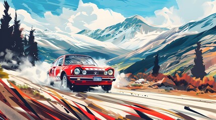 Naklejka premium Rally racing car on dirt track, in the mountains, extreme sport activities theme, created with generative ai