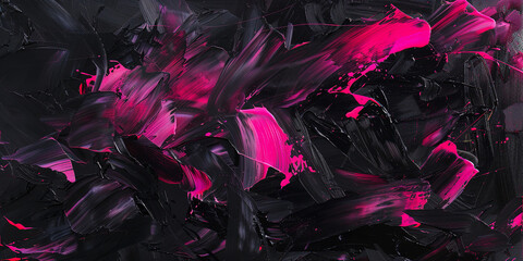 An abstract painting on a dark background features bold strokes of black and pink, intertwining to create a dynamic and expressive composition