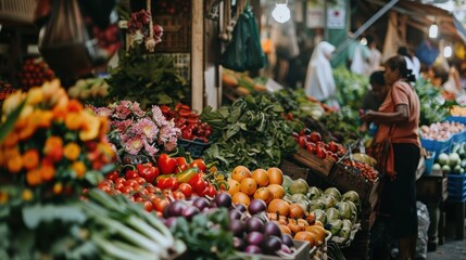 A bustling farmers market overflowing with fresh fruits, vegetables, and flowers, people chatting and shopping