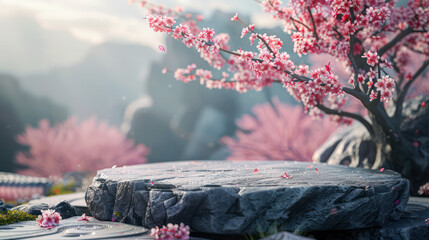 Obraz premium Empty Rock Podium with Sakura branches of blossoming against nature background. Made of natural scene for advertising, banners, website, social media or product cosmetic and food presentation