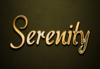 Old gold text effect of word Serenity with 3D glossy style Mockup.