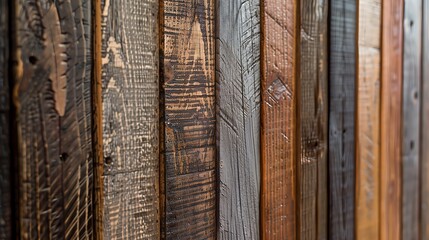 A close-up of tongue-and-groove boards with various finishes, each showcasing unique woodwork craftsmanship.