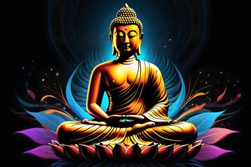 Obraz premium Golden buddha statue with colorful lotus flower, on a dark background