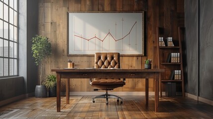 vintage desk in an empty office with a financial growth chart on the wall, symbolizing business growth and wealth management