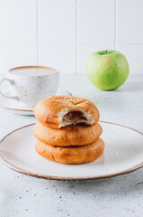 Sweet Breakfast: Apple Fritters, Coffee with Milk, and a Green Apple