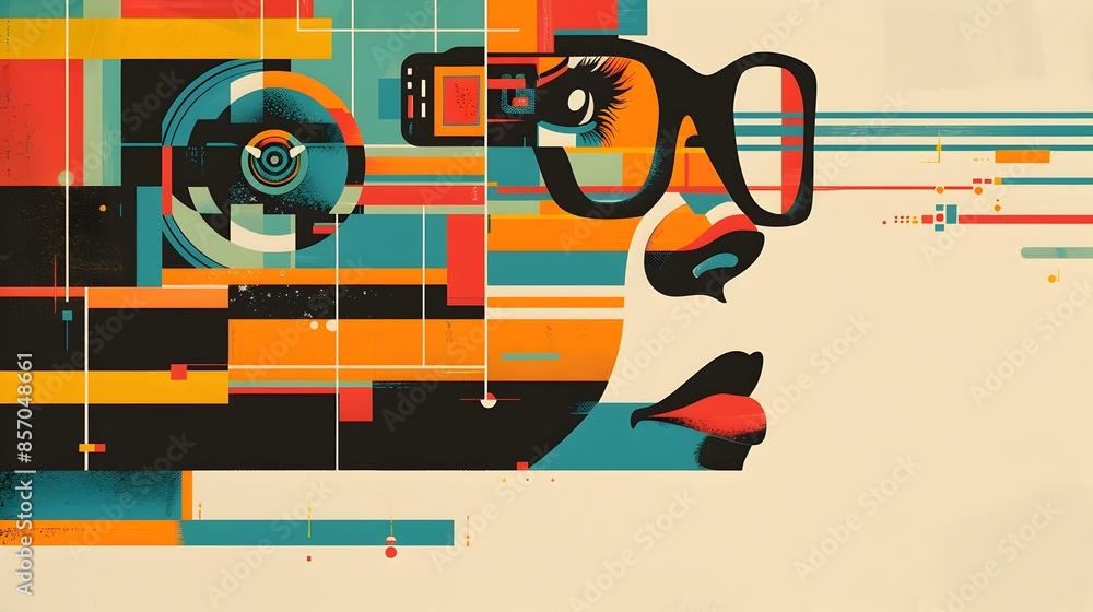 Aufkleber retro futuristic abstract geometric composition with vibrant shapes and patterns