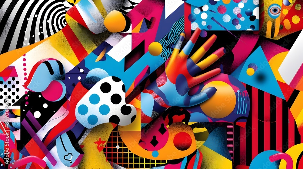 Poster vibrant abstract digital with geometric shapes and patterns