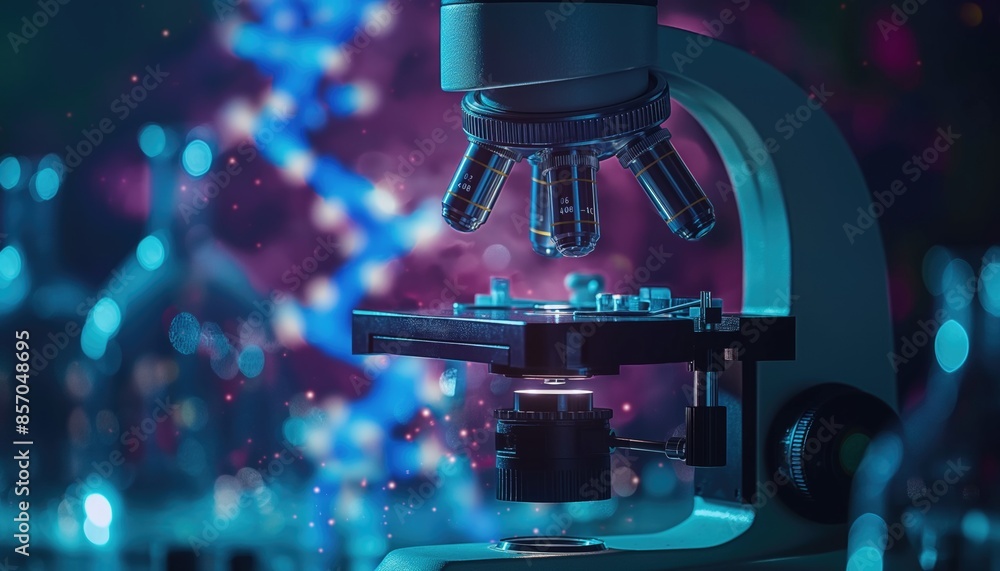 Poster high tech laboratory microscope with glowing dna strands in the background.