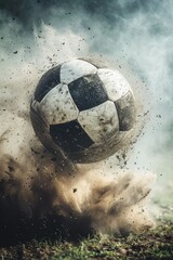 Soccer ball surrounded by bursting dust cloud: Soccer ball symbolizing Power, speed, force, and agility.