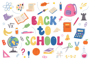 Hand drawn color school supplies. Back to School concept banner, poster. Large icon set, doodles. Good for wrapping paper, stationery, scrapbooking, wallpaper, textile prints
