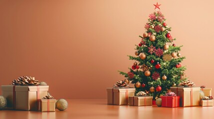 Christmas greeting  card with christmas Tree and Decorations. Copy space with decorated Christmas tree and gift boxes around it