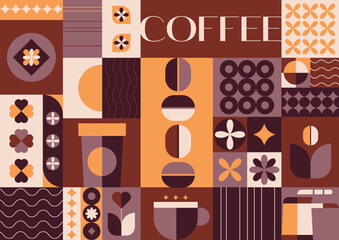 Coffee geometric background in minimal retro style.Abstract wall art.Ideal for coffee shop,bakery,branding,decoration,cover design, decorative print, background.Vector illustration EPS 10