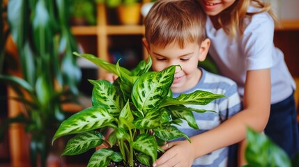 Fototapeta premium Children Helping Water Plant in Office