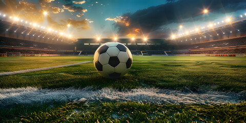 Fußball auf einem Sportplatz in einem Stadion Abendstimmung mit Flutlichtern	