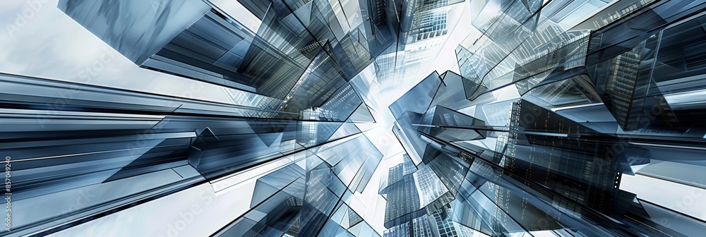 Poster an abstract cityscape of skyscrs and buildings formed by intersecting lines and sharp angles.