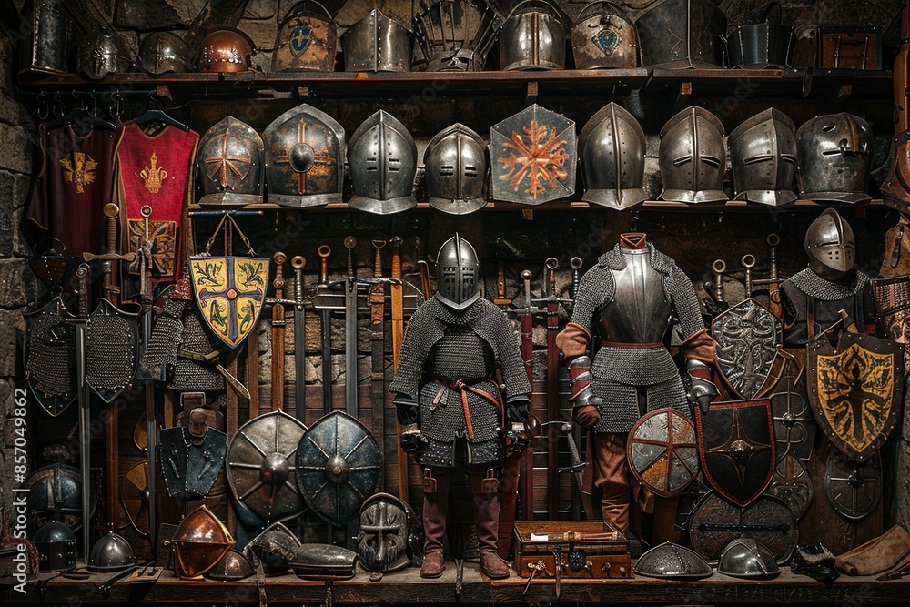 Wall mural Delve into history with this professional image highlighting the weapons used by the British army during the Middle Ages, featuring a collection of authentic armaments such as swords