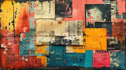 emphasizing a collage of vintage magazines,text, and advertisements, integrate diverse textures and collors, creating a visually complex and vibrant repretasion 1 AI Generative