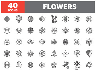 Set of 40 line icons flower. Outline icon collection. Editable stroke. Vector illustration.