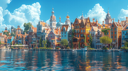 Fototapeta premium A charming view of a European city with colorful buildings lining a calm, blue waterfront. The sun shines brightly, casting reflections on the water