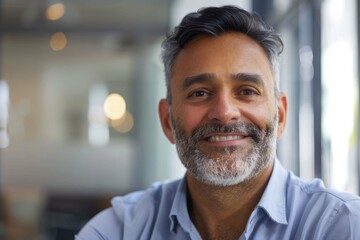Obraz premium Headshot close up portrait of indian or latin confident mature good looking middle age leader, ceo male businessman on blur office background. Handsome hispanic senior business man smiling at camera.