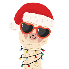 alpaca wearing a Santa hat while hanging a light bulb