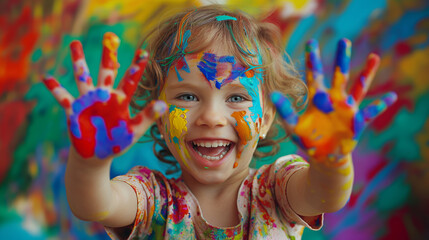 Joyful Child with Colorful Painted Hands. Happy Kid Covered in Paint
