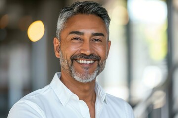 Obraz premium Headshot close up portrait of indian or latin confident mature good looking middle age leader, ceo male businessman on blur office background. Handsome hispanic senior business man smiling at camera.