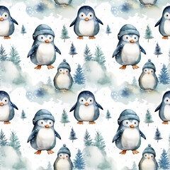 Fototapeta premium Watercolor seamless pattern with penguins wearing winter hats, surrounded by snowy pine trees.