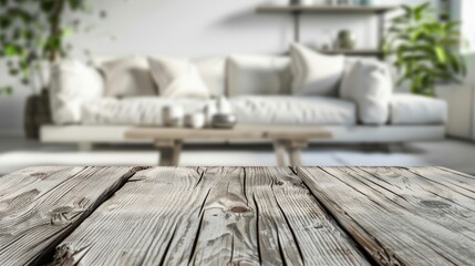 Gray wooden table in front of blur white sofa in the living room