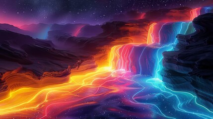 Geysers of liquid neon erupt from the ground, painting the landscape with vibrant streaks of color. Illustration, Minimalism,