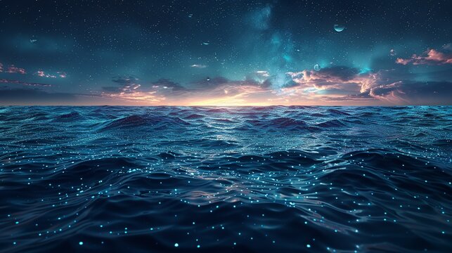 The surface of a vast, alien ocean ripples with the movements of colossal, bioluminescent sea creatures. Illustration, Minimalism,