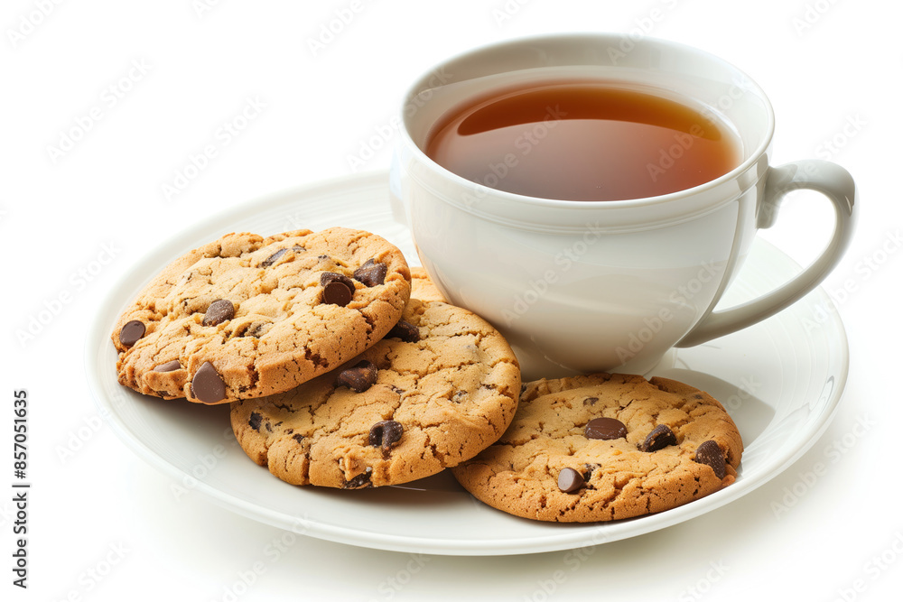 Aufkleber cookies and a cup of tee on a plate isolated on a white background. created with generative ai techn