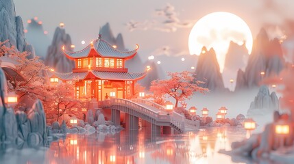 Fototapeta premium Mid autumn festival traditional building and moon poster background