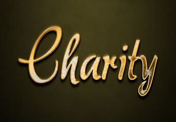 Old gold text effect of word Charity with 3D glossy style Mockup.