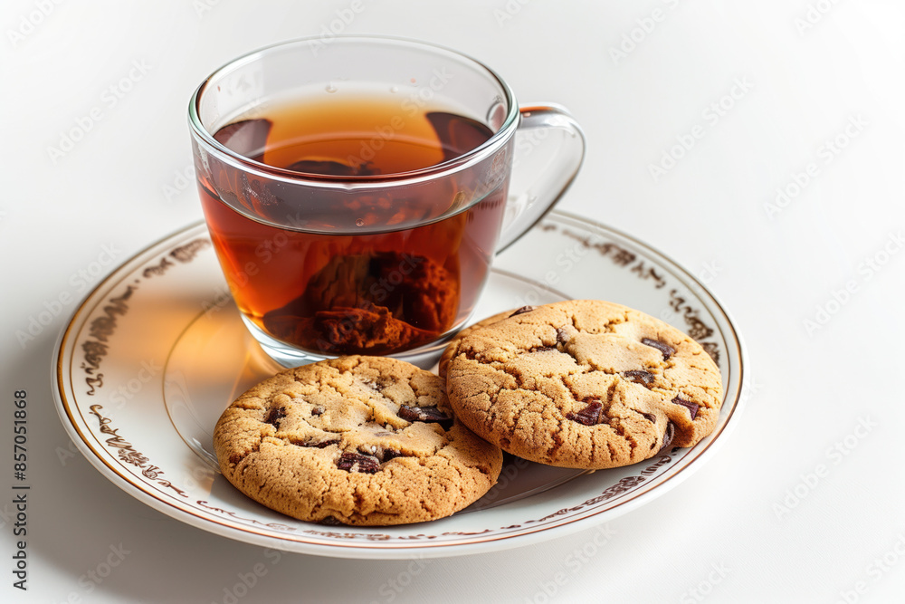 Poster cookies and a cup of tee on a plate isolated on a white background. created with generative ai techn