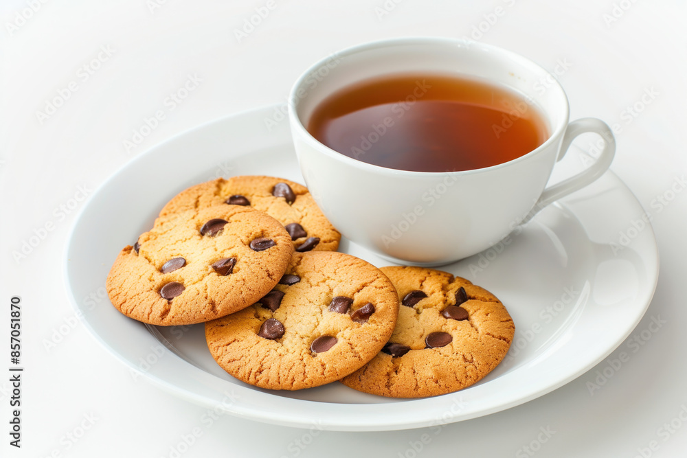 Poster cookies and a cup of tee on a plate isolated on a white background. created with generative ai techn
