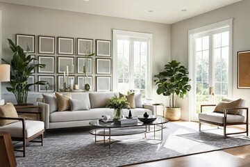 Neutral-toned decor in a sun-drenched modern living room.
