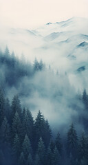 Misty mountain landscape with a forest of pine trees and distant peaks, evoking a sense of mystery and tranquility. Concept of nature, serenity, and wilderness.
