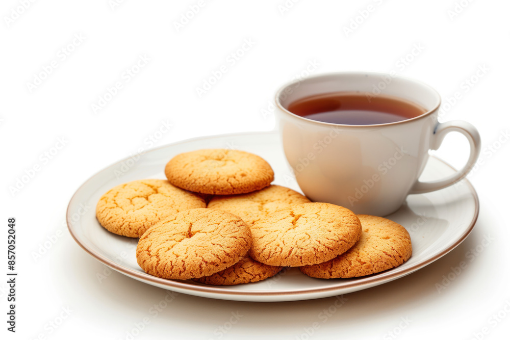 Poster cookies and a cup of tee on a plate isolated on a white background. created with generative ai techn