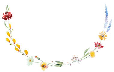 Wreath made of watercolor wild flowers and leaves, summer wedding and greeting illustration