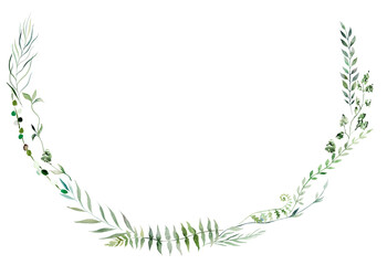 Round wreath with Watercolor fern twigs with green leaves isolated illustration, botanical wedding