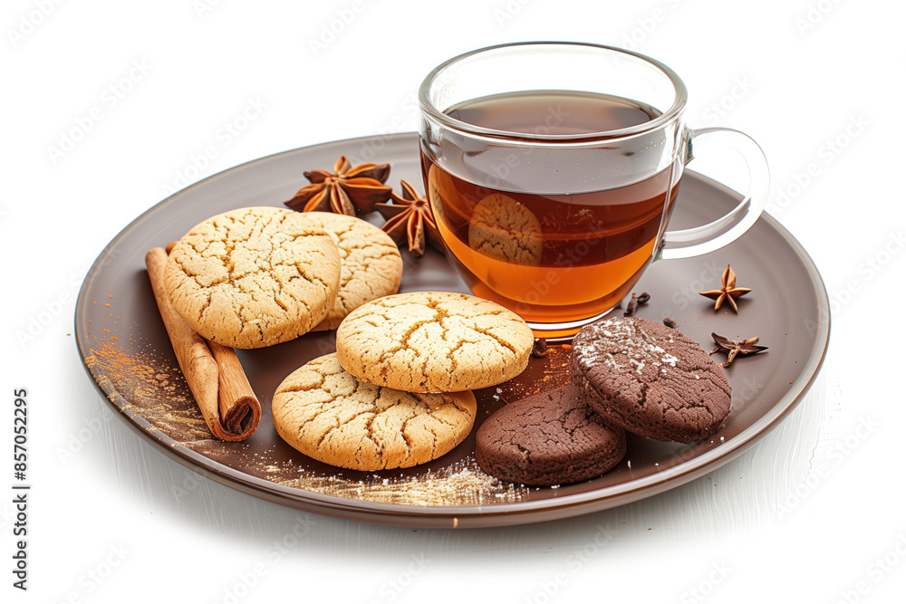 Poster cookies and a cup of tee on a plate isolated on a white background. created with generative ai techn