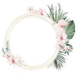 Watercolor frame with beige and green tropical leaves and flowers, Boho Wedding  illustration