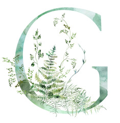 Green letter G with Watercolor whimsical tender leaves isolated illustration, wedding element