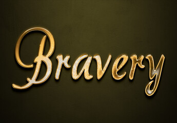 Old gold text effect of word Bravery with 3D glossy style Mockup.