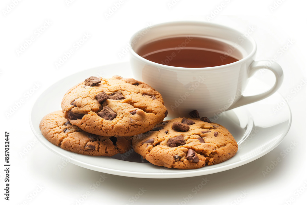 Poster cookies and a cup of tee on a plate isolated on a white background. created with generative ai techn