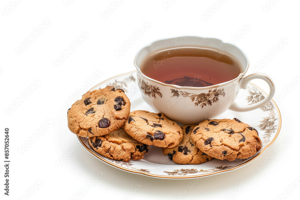 Poster cookies and a cup of tee on a plate isolated on a white background. created with generative ai techn