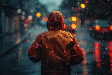 Obraz premium A solitary figure stands in the rain, illuminated by city lights, creating a dramatic and moody scene