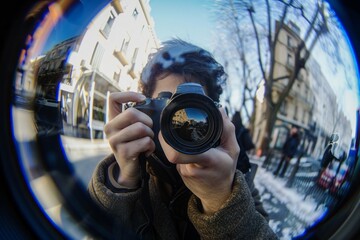 As the enthusiastic photographer frames his shot, the fish eye lens captures him in a close-up that showcases the expansive environment around him